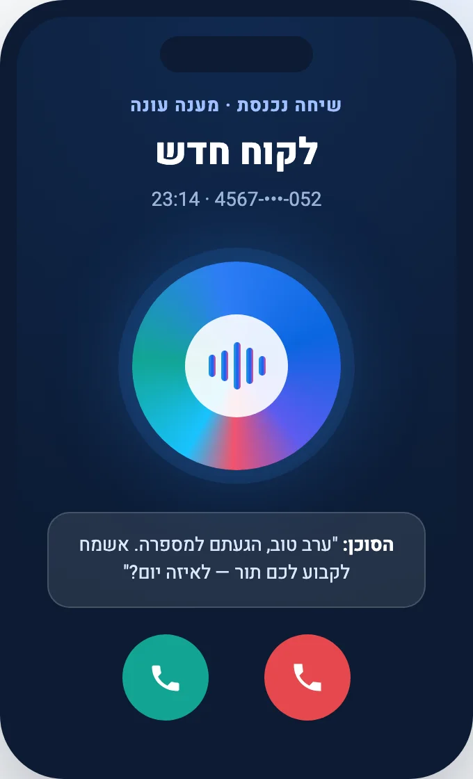 מסך טלפון שמראה שיחה נכנסת שהסוכן של AUTO CALL עונה לה בזמן אמת